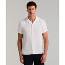 Camisa Dobby Stripe de Manga Corta con Cuello Camp Blanca