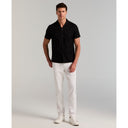 Camisa Jacquard de Manga Corta con Cuello Camp Negro Azabache