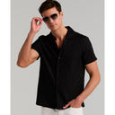 Camisa Jacquard de Manga Corta con Cuello Camp Negro Azabache