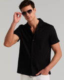 Camisa de manga corta con cuello camp y tejido jacquard