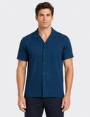 Camisa Perry Ellis de Manga Corta Azul Petróleo Camp Collar