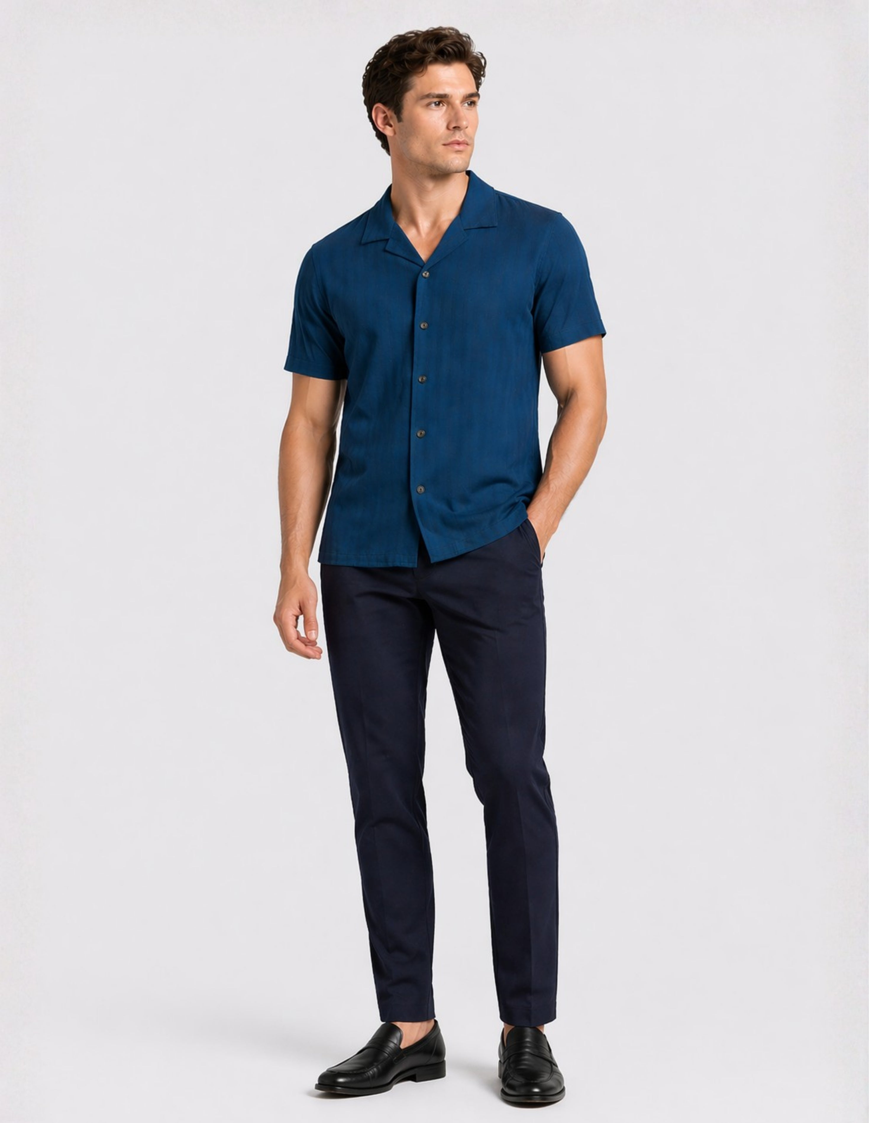 Camisa Perry Ellis de Manga Corta Azul Petróleo Camp Collar – Perry ...