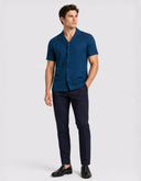 Camisa Perry Ellis de Manga Corta Azul Petróleo Camp Collar