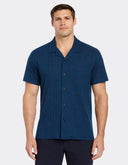 Camisa Perry Ellis de Manga Corta Azul Petróleo Camp Collar