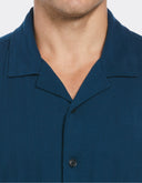 Camisa Perry Ellis de Manga Corta Azul Petróleo Camp Collar