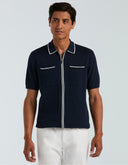 Polo Tejido Tipo Sweater Azul Dark Sapphire Full Zip Ribbed Algodón Manga Corta
