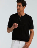 Playera Tejido Tipo Sweater Black Rayas Algodón Cuello Redondo con Botones