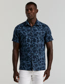 Camisa Floral Dark Sapphire Lino Blend Manga Corta