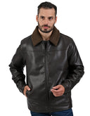 Chamarra Café Oscuro Tipo Action Leather con Cuello de Borrega