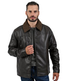 Chamarra Café Oscuro Tipo Action Leather con Cuello de Borrega