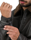 Chamarra Café Oscuro Tipo Action Leather con Cuello de Borrega
