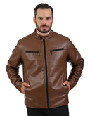 Chamarra Café Claro Tipo Action Leather con Cierre Completo